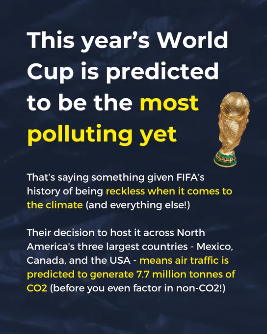 Blue background with photo of world cup and text: This year's world cup is predicted to be the most polluting yet. That’s saying something given FIFA’s history of being reckless when it comes to the climate (and everything else!) Their decision to host it across North America's three largest countries - Mexico, Canada, and the USA - means air traffic is predicted to generate 7.7 million tonnes of CO2 (before you even factor in non-CO2!)
Second slide has text: 87% of the emissions are due to come from air traffic as teams, fans, and the media rely on flights to get to matches
Third slide text: Professor Tim Walters predicts that the astronomical emissions from the World Cup could lead to the premature deaths of around 70,000 people. He has described it as the ‘deadliest sporting event in history’ due to its climate impact. That’s before you even take into account the many other issues, whether it’s the dispossession of local communities or the presence of ICE at the tournament.