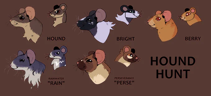 headshot artwork for 5 mouse characters. Each is drawn in profile in two different art styles, one moderately realistic and one very toony. From the top left they are: Hound, a mock chocolate fox mouse, which has dull brown fur and a cream underside; Rain, a satin angora blue fox mouse, which has long blue-grey fur and a cream-white underside; Bright, a black pied mouse, which has black fur and white spots; Perseverance, a pied siamese mouse, which has cream fur with darker brown points and white spots; and finally Berry, a fawn mouse, which has golden-yellow fur and pink-red eyes