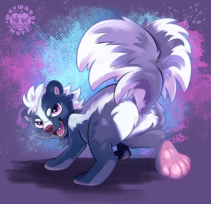A skunk showing off it's booty, big fluffy tail, and pink paws. They are looking back at the viewer with a naughty smile. 
