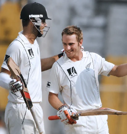 Kane Williamson is congratulated on his hundred in his first Test innings, India v NZ, 1st Test,  Ahmedabad, November 7th 2010