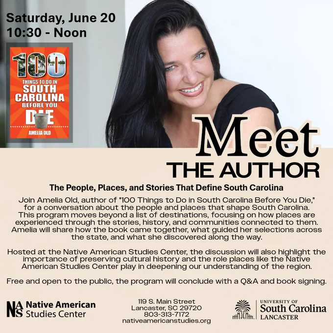 
Black and tan flyer announcing author talk and book signing, with photos of the book cover and headshot of author Amelia Old. 
