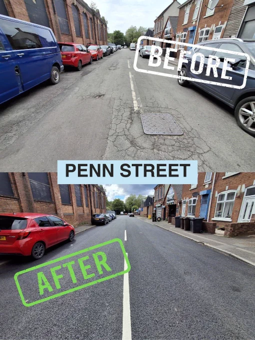 An image of Penn St before and after resurfacing