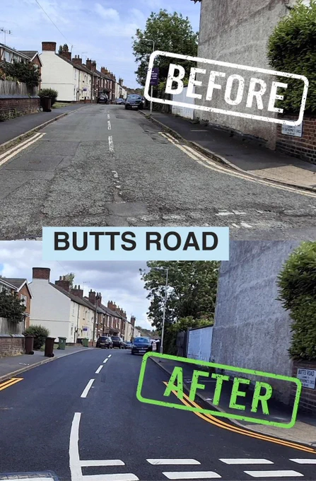 An image of Butts Rd before and after resurfacing
