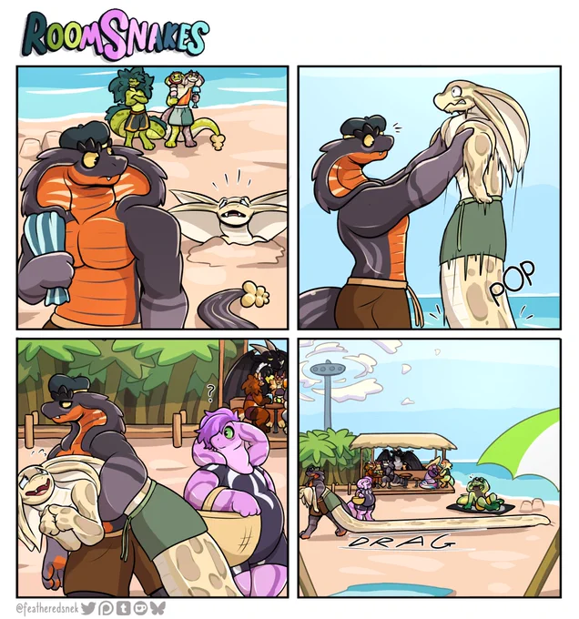 A 4 panel comic
1: Buff snek matthieu sees a call for help from a buried snek (bystanders totally innnocent)
2. Matthieu pulls out the snek
3. Taylah sees the snek being carried
4. LOOOONG snek being drag still out of the sand