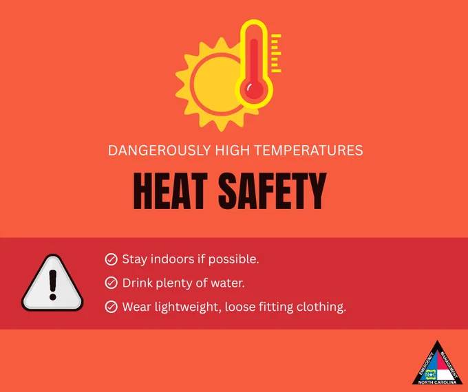 A heat safety advisory is depicted with a sun and thermometer graphic. The background is red, indicating high temperatures. Advice includes staying indoors, drinking plenty of water, and wearing lightweight, loose-fitting clothing. A warning symbol and a North Carolina Emergency Management logo are present.