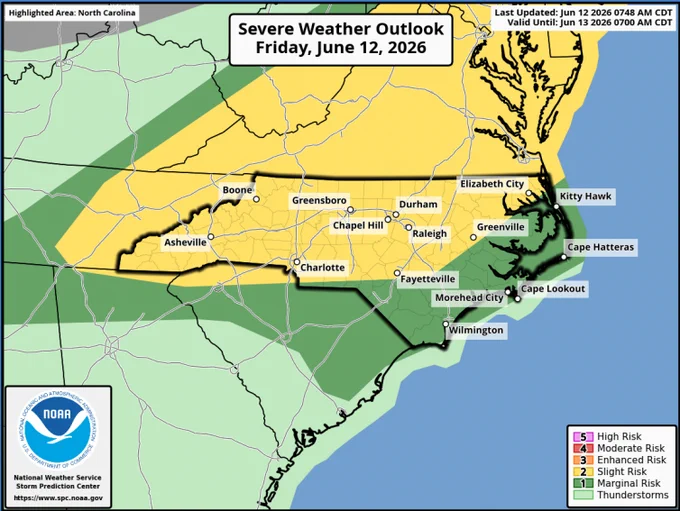 This image is a severe weather outlook map for Friday, June 12, 2026, highlighting North Carolina. It shows risk areas with colors: slight risk (yellow) covering cities like Boone, Greensboro, and Raleigh; marginal risk (dark green) for Kitty Hawk, Morehead City, and Wilmington; and thunderstorm potential (light green) for coastal areas including Cape Lookout. 