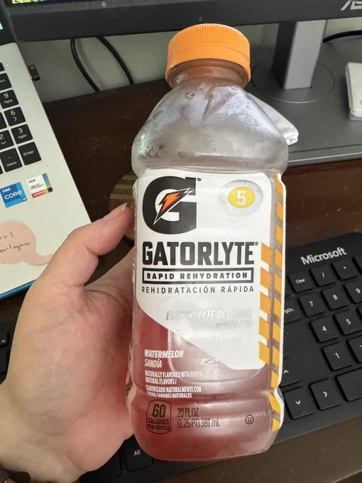 A bottle of watermelon flavored gatorlyte rapid rehydration drink
