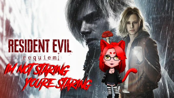 Thumbnail for the horror game Resident Evil Requiem. My pngtuber/vtuber is on the bottom right corner, it is a sentient red toadstool, amanita muscaria mushroom sitting on the head of a red haired cat girl.