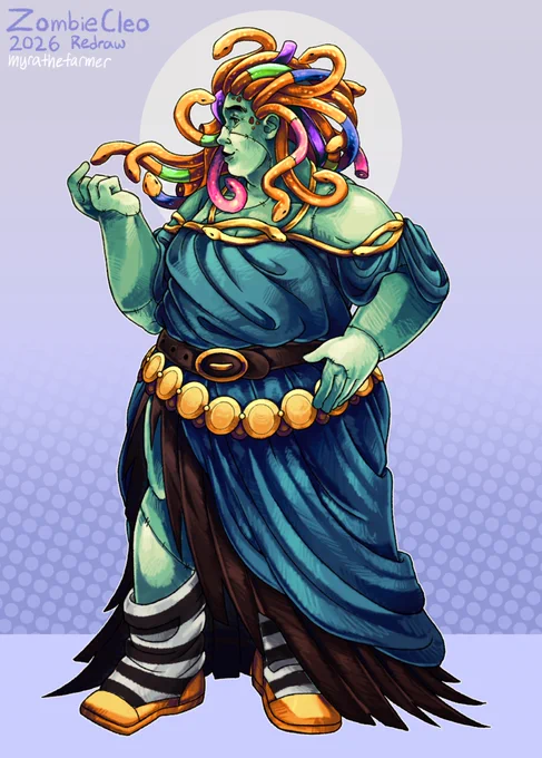 Redraw of ZombieCleo in their HermitCraft Season 9 skin. She wears a blue dress with a long slit on one side with a torn brown skirt underneath, held together by a brown belt, a gold chain, and gold snake-shaped jewelry around her arms, chest, and neck. They wear black and white stripes socks with gold flats. She has one hand on her hip, the other raised towards the snakes growing from her head. The snakes are orange with sections of colorful scales stitched in, with some snakes being decapitated completely. Text in the upper corner reads “ZombieCleo 2026 Redraw” and is signed MyraTheFarmer