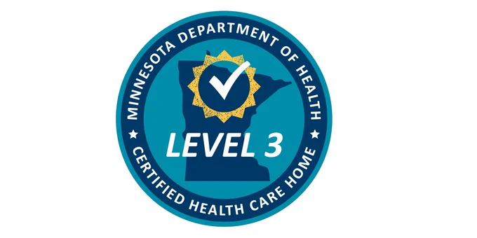 Blue circle logo with a graphic of the state of Minnesota, a yellow sun, and a white check mark. Text reads, "Minnesota Department of Health. Level 3. Certified Health Care Home."