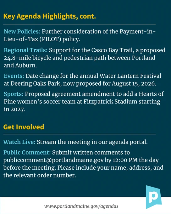 Additional key agenda highlights on new policies, regional trails, events, sports, and ways to get involved including livestream and public comment details.
