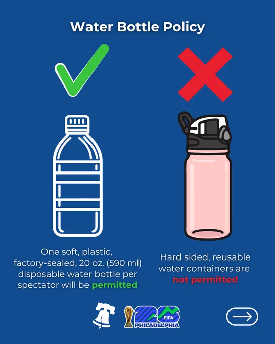 Water bottle policy for FIFA World Cup matches at Philadelphia Stadium.