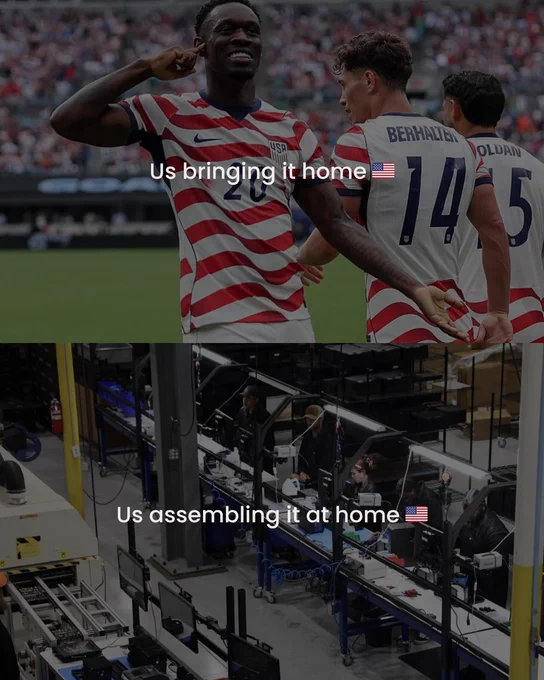 A contrasting image showing a soccer team celebrating and a manufacturing assembly line, suggesting achievements in sports and industry.