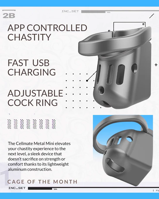 Product post featuring Lockthecock's Cellmate Metal Mini. Like our other QIUI products, the Cellmate Mini pairs perfectly with the QIUI app. Hand over control to a partner, anywhere in the world. Challenge yourself with timer mode. Or try out their brand new AI Mistress and get the full chastity experience.