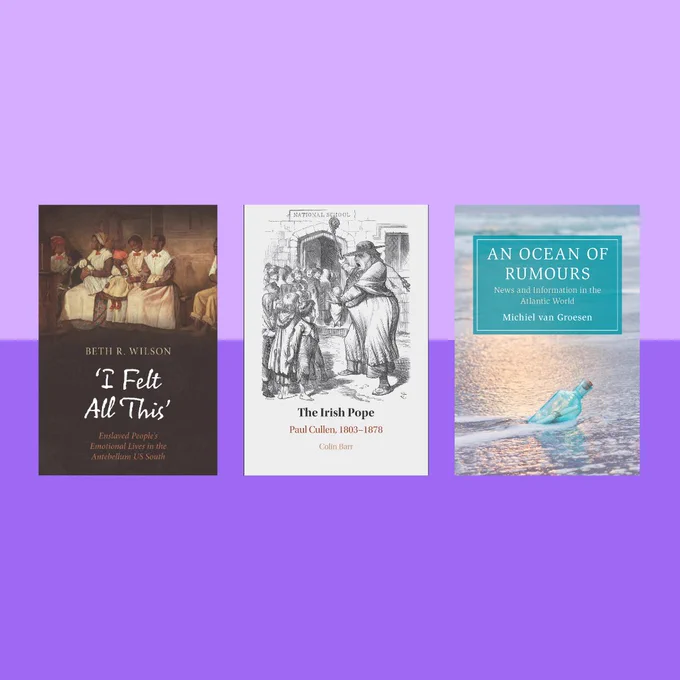 The image shows three book covers on a purple background. The first book is "I Felt All This" by Beth R. Wilson, with an illustrated cover depicting historical figures. The second book is "The Irish Pope: Paul Cullen, 1803-1878" by Colin Barr, featuring an engraved illustration of Paul Cullen. The third book is "An Ocean of Rumours" by Michiel van Groesen, with a cover showing a person snorkeling in clear blue water.