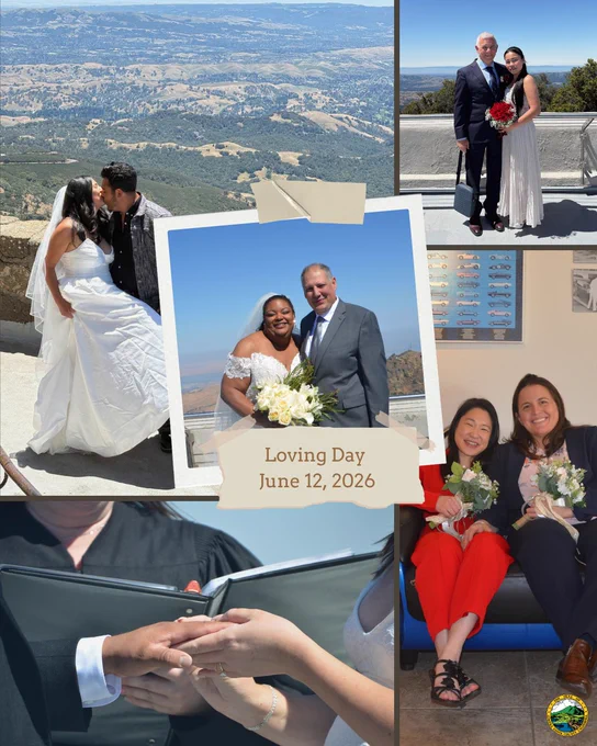 Photos of brides and grooms in various locations around Contra Costa County on their wedding day with and note indicating it is Loving Day and the Contra Costa County Seal.