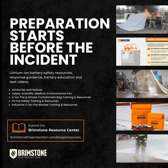 Informative graphic about lithium-ion battery safety resources from Brimstone Fire Protection. Features training and resource offerings with a focus on preparation.