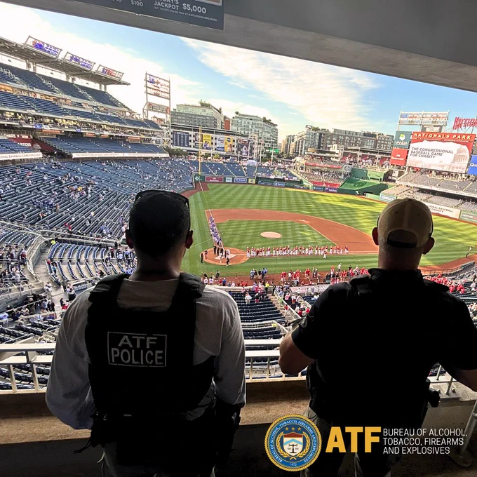 ATF Washington Field Division Special Agents Certified Explosives Specialists and Bomb Technician overlooking a baseball field during a pre-game ceremony at Nationals Park for the Congressional Charity Baseball Game.