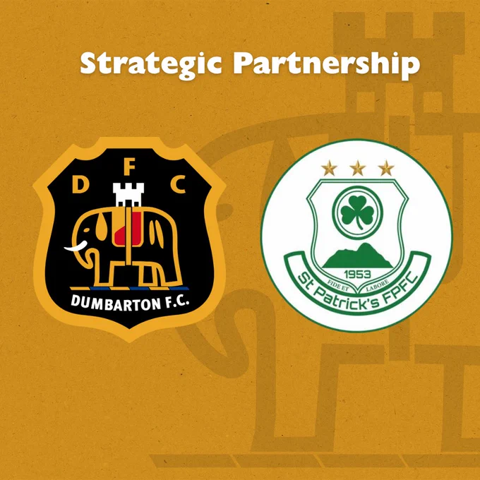 Logos of Dumbarton F.C. and St Patrick's FPFC with 'Strategic Partnership' text overlay, against a textured background.