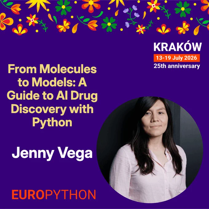 Speaker announcement for EuroPython 2026 conference: Jenny Vega — From Molecules to Models: A Guide to AI Drug Discovery with Python