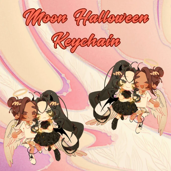 Background with swirly orange-ish colours. On the top, in cursive orange letters the text Moon Halloween Keychain, and underneath is a full preview of the item