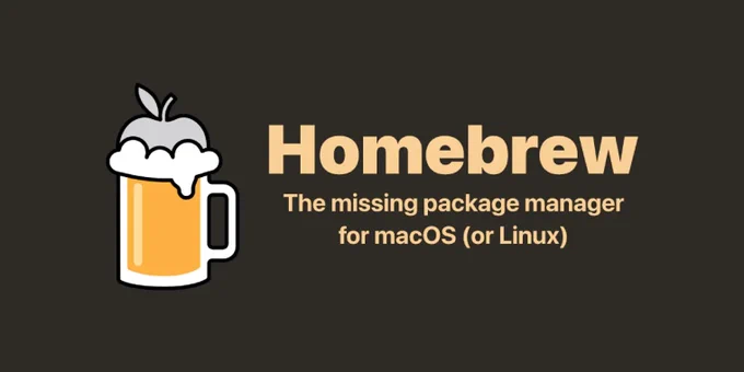 A stylized illustration of a beer mug with an apple, accompanied by the word "Homebrew," describes it as a package manager for macOS and Linux.