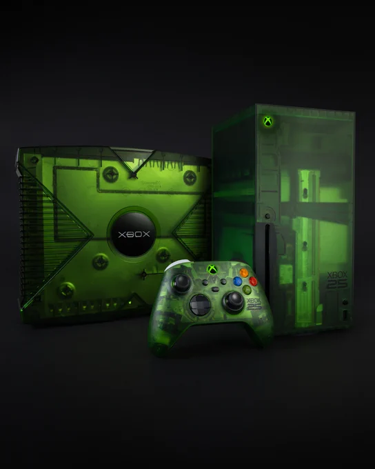 The XBOX Series X25 Limited Edition console and Special Edition controller are shown next to the OG Xbox Halo Edition console in translucent green.