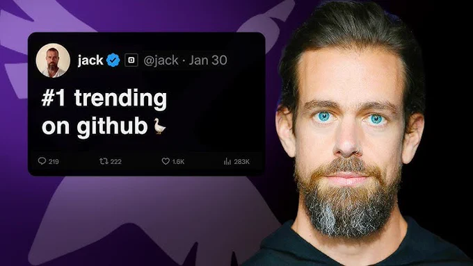 A man with a beard and piercing blue eyes is featured next to a tweet announcing a project trending on GitHub.