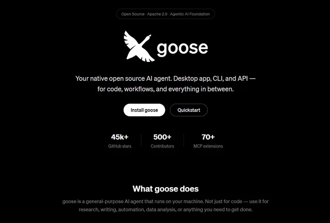 The black interface promotes "goose," an open-source AI agent for various tasks, featuring download options and stats on contributions.