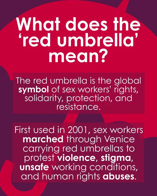 Graphic: Deep purple background overlaid with a solid red umbrella. Text on top reads: What does the red umbrella mean? The red umbrella is the global symbol of sex workers' rights, solidarity, protection, and resistance. First used in 2001, sex workers marched through Venice carrying red umbrellas to protest violence, stigma, unsafe working conditions, and human rights abuses.