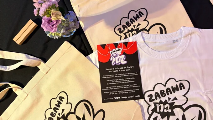 Tote bags and a T-Shirt adorned with the custom designs from the Woo Community Event at WCEU 2026.