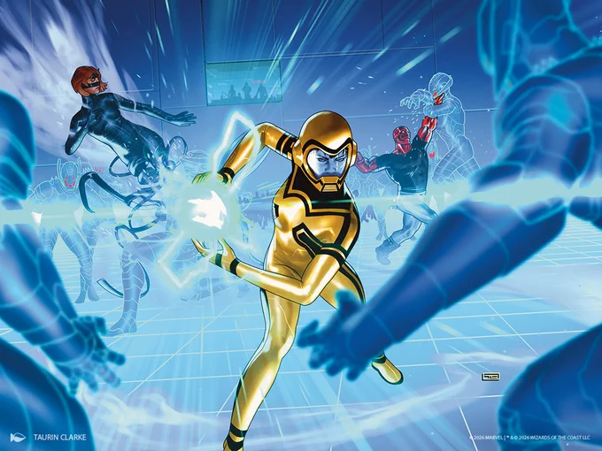 An illustration of young heroes Veil, Hazmat and Mettle battling holographic versions of robot combatents in a training room. In background, silhouettes of three people watch the young adults in their training exercise. Art by Taurin Clarke.