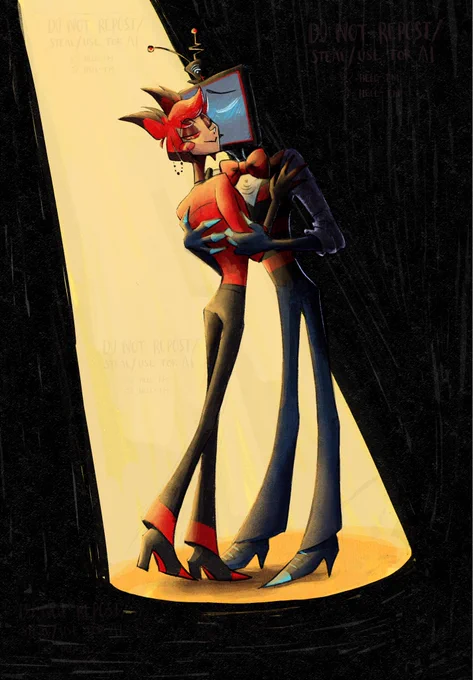 Alastor is standing in the spotlight, with his back turned to the viewer, looking cheekily over his shoulder. Vox is Holding hin, giving him a gentle kiss on the cheek, his eyes closed. His hold on Alastor is possessive and enamoured. Everything is Dark, aside from the spotlight they are standing in.