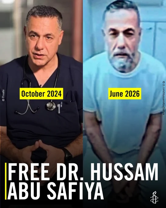 Photo of Dr Safiya from October 2024 looking healthy in his doctor's uniform next to a photo form June 2026 of Dr Safiya looking very slim and unhealthy in Israeli detention. 