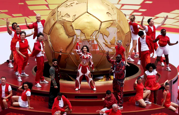 Sanjoy, Nora Fatehi and Vegedream perform during the Opening Ceremony at Toronto Stadium.