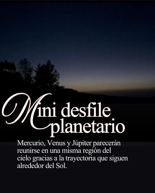 Una imagen del mini desfile planetario. El texto superpuesto explica este fenómeno astronómico.