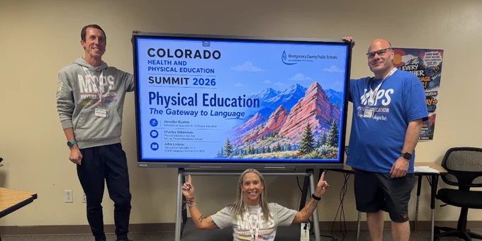 Three educators pose in front of a screen displaying the Colorado Health and Physical Education Summit 2026 with a mountain landscape background.