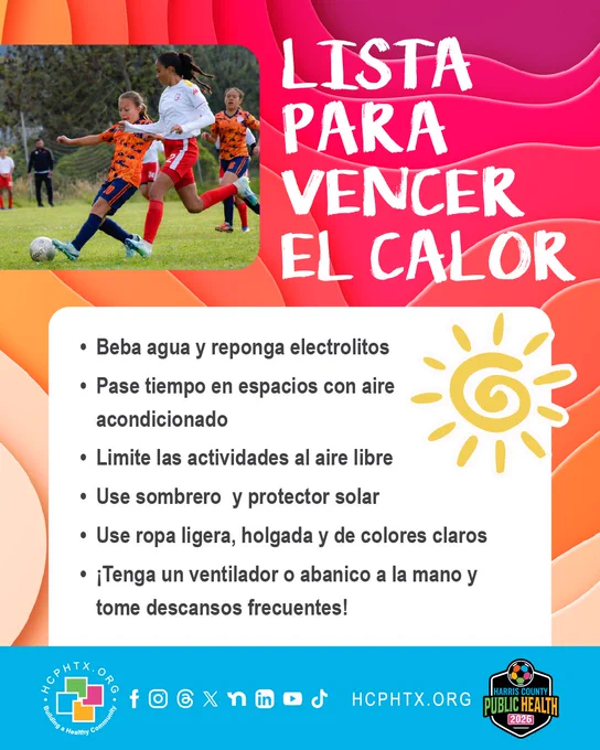 Poster titled 'Beat the Heat Checklist' featuring two young soccer players in action on a field. The checklist advises to drink water, spend time in air‑conditioned spaces, limit outdoor activities, wear a hat and sunscreen, wear lightweight clothing, and have a fan on hand. The poster includes logos for Harris County Public Health and social media handles.
