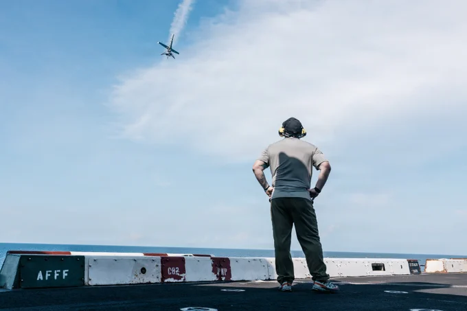 A VBAT unmanned aerial system prepares to land on the flight deck of San Antonio-class amphibious transport dock ship USS Portland (LPD 27) in the Pacific Ocean, June 7, 2026. The 11th Marine Expeditionary Unit, embarked aboard the Boxer Amphibious Ready Group, is a persistent, combat credible force contributing to deterrence and crisis response in the U.S. 7th Fleet area of operations. U.S. 7th Fleet, the U.S. Navy\u2019s largest forward-deployed numbered fleet, routinely interacts and operates with allies and partners to preserve a free and open Indo-Pacific. (U.S. Marine Corps photo by Lance Cpl. Luke Rodriguez)\n\n
