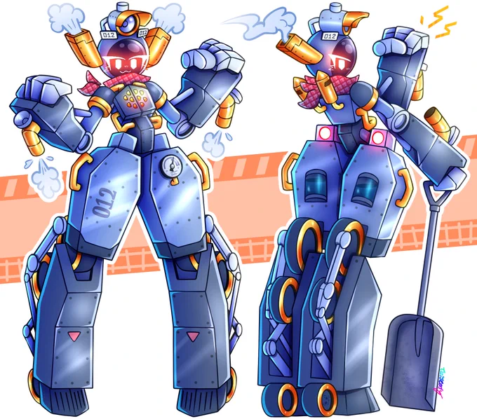 A collection of two full-body shots of Millie (a steam locomotive-themed robot girl) doing various poses. On the left is a full-body shot of Millie facing to the right toward the camera. She is looking at the camera while smiling and doing a spread apart power stance. Her arms are flexing up next to her chest. On the right is another full-body shot of Millie facing to the right and away from the camera, showing back detail. She is looking back at the camera w/ one eye visible while making a serious expression. Her right arm hangs downward while she balances a coal shovel on her right. Her left arm is held up above her visor while clenching her fist. The background consists of 3 shades of white, light orange, and a lighter variant of that same orange w/ their respective geometry. The piece is titled: “Choo Choo.”