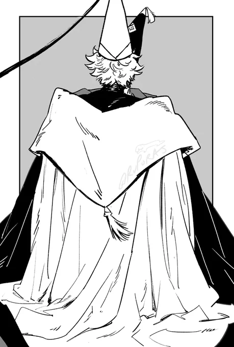 15 page witch hat atelier black and white comic of qifrey and olruggio. this is the cover page, where it’s qifrey’s back to the viewer, his cape flowing downward, hitting the ground as he’s sitting. olruggio is in front of him, but most of him is not visible to the viewer, only the flow of his capes that surrounds qifrey too. at the center, framing them, is a grey box.