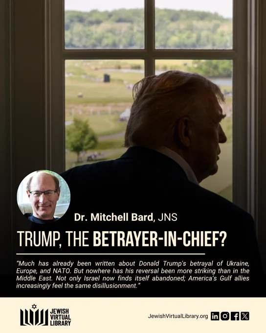 A photo of President Donald Trump facing a window. Text reads "Trump, the Betrayer-in-Chief?" with a blurb from an article. The author's name, Dr. Mitchell Bard, and headshot are listed.