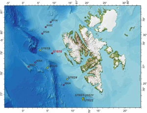 Map of study area showing Svalbard (Spitsbergen) Archipelago and surrounding ocean bathymetry, Site U1618. 