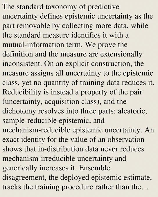 The standard taxonomy of predictive uncertainty defines epistemic uncertainty as the part removable by collecting more data, while the standard measure identifies it with a mutual-information term. We prove the definition and the measure are extensionally inconsistent. On an explicit construction, the measure assigns all uncertainty to the epistemic class, yet no quantity of training data reduces it. Reducibility is instead a property of the pair (uncertainty, acquisition class), and the dichotomy resolves into three parts: aleatoric, sample-reducible epistemic, and mechanism-reducible epistemic uncertainty. An exact identity for the value of an observation shows that in-distribution data never reduces mechanism-irreducible uncertainty and generically increases it. Ensemble disagreement, the deployed epistemic estimate, tracks the training procedure rather than the epistemic term. It collapses to zero beneath a positive truth under consistent training, and equals hyperparameter-scaled 
