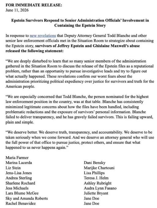 Press release from 19 Epstein survivors dated June 11 2026 responding to Situation Room meeting where Todd Blanche strategized to contain the Epstein files