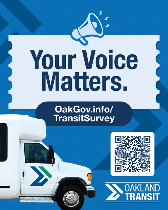 Blue poster with a white transit van and text encouraging participation in Oakland Transit survey with a QR code.