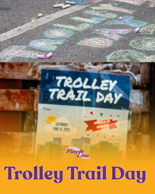 Colorful chalk drawings and messages decorate an asphalt path, inviting participation in a community event.