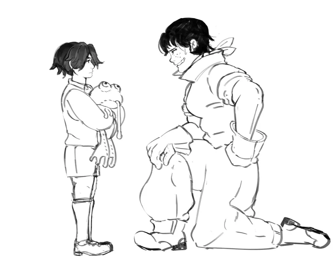 sketch of Pocket and McGinnis from Deadlock, younger. McGinnis is kneeling in front of a very young Pocket, they're holding a big frog plushie. Their expression is neutral, as McGinnis' is smiling, embarassed.
