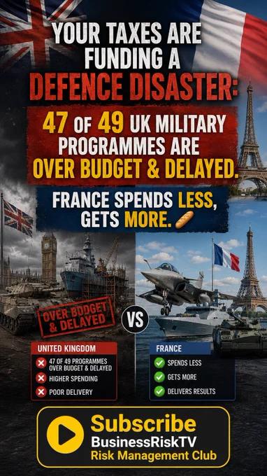https://businessrisktv.com/uk-france-defence-spending-efficiency-analysis/ 

Share this if you believe your taxes should buy maximum security – not bureaucratic waste.

Tag a defence journalist who needs to ask tougher questions.

Comment or Like to force this into the defence debate.

#DefenceEfficiency #UKFranceDefence #MilitarySpendingReform #RiskManagement #BusinessRiskTV