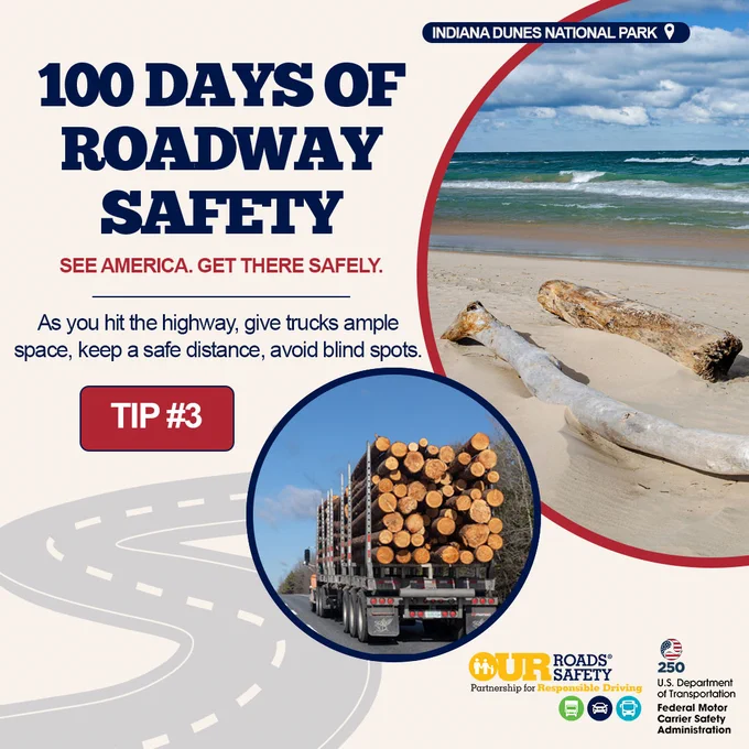 The image is a National Highway Traffic Safety Administration poster for "100 Days of Roadway Safety" featuring a beach scene from Indiana Dunes National Park. There's a safety tip: "As you hit the highway, give trucks ample space, keep a safe distance, avoid blind spots." It includes a photo of a truck carrying logs. Logos at the bottom are of the U.S. Department of Transportation and the Federal Motor Carrier Safety Administration.